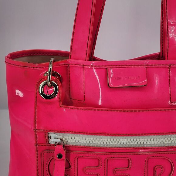 See by Chloe Neon Pink Patent Leather Tote Bag with Hanging Pouch - Picture 9 of 16